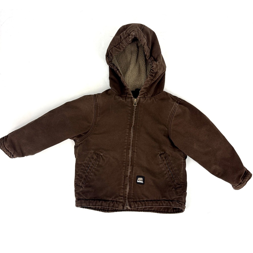 BERNE Boys 4T Brown Canvas Quilted Full Zip Hooded Bomber Jacket Warm